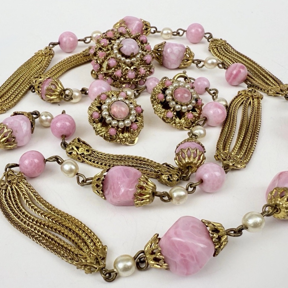 Vintage Louis Rousselet Pink French Glass Pearl Necklace Brooch Earrings Parure